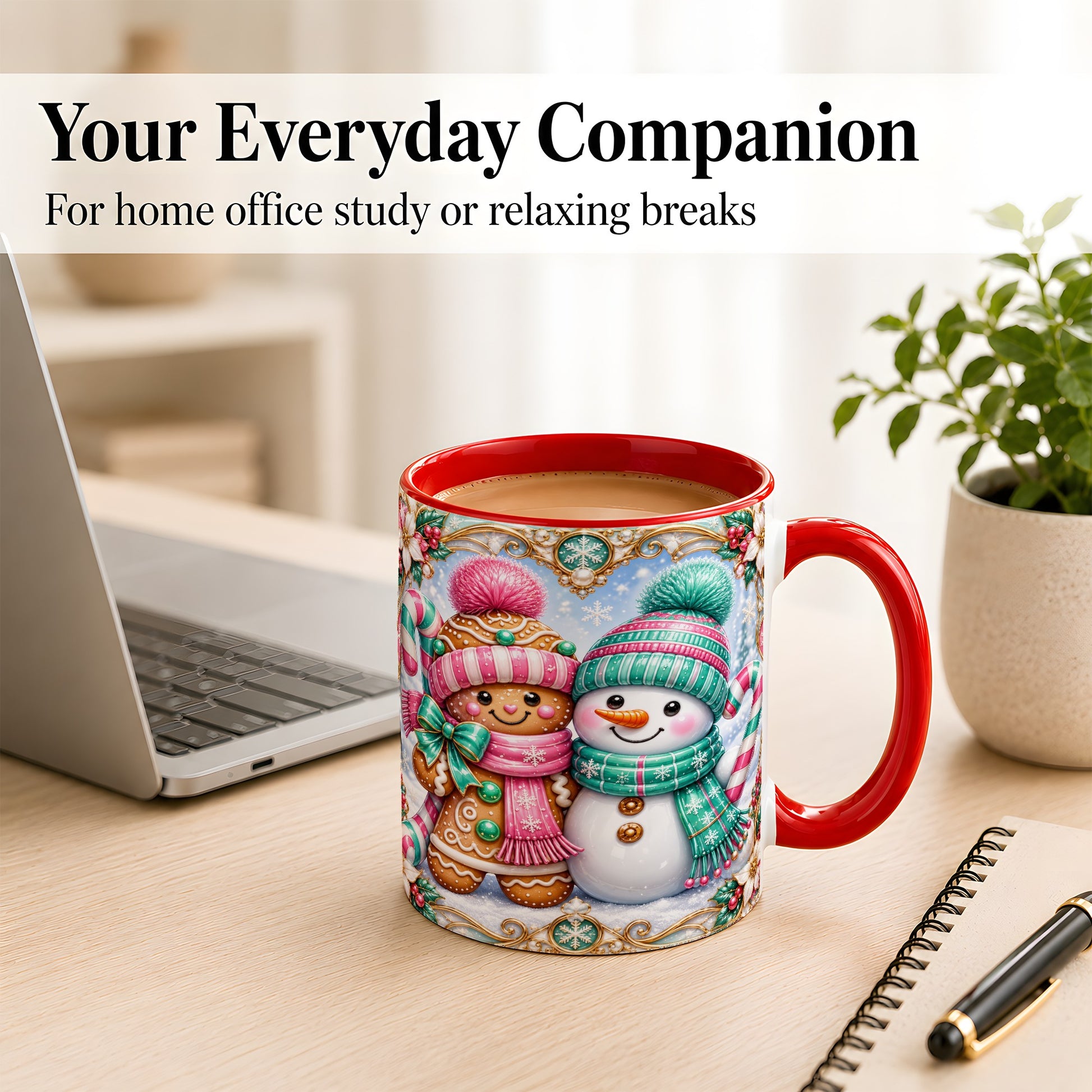 #pl[11oz|Red] Gingerbread Snowman Coffee Mug, Candy Cane Winter Mug, Ceramic Cup