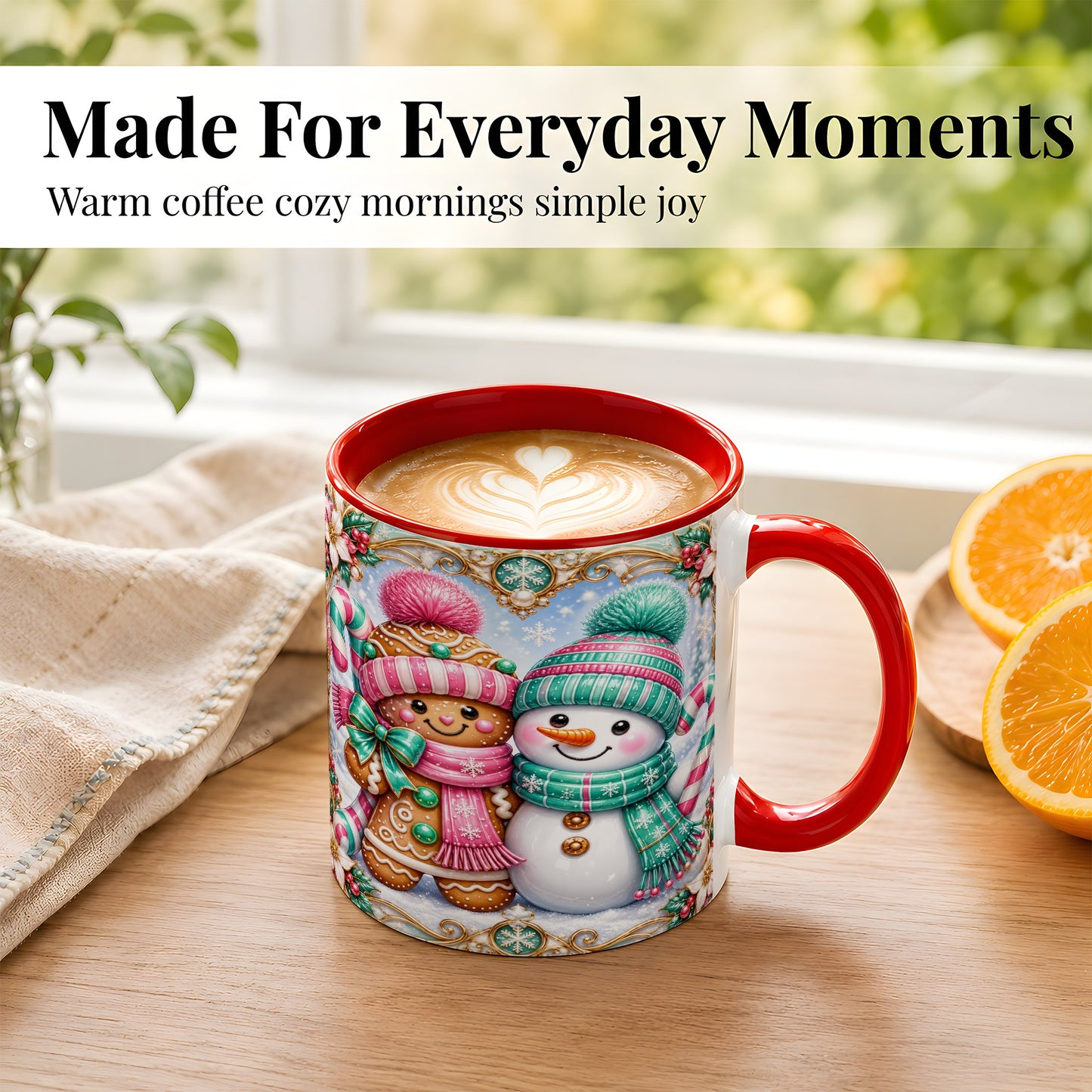 #pl[11oz|Red] Gingerbread Snowman Coffee Mug, Candy Cane Winter Mug, Ceramic Cup