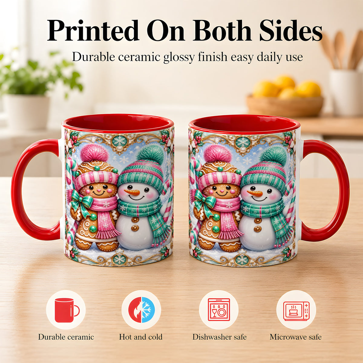 #pl[11oz|Red] Gingerbread Snowman Coffee Mug, Candy Cane Winter Mug, Ceramic Cup