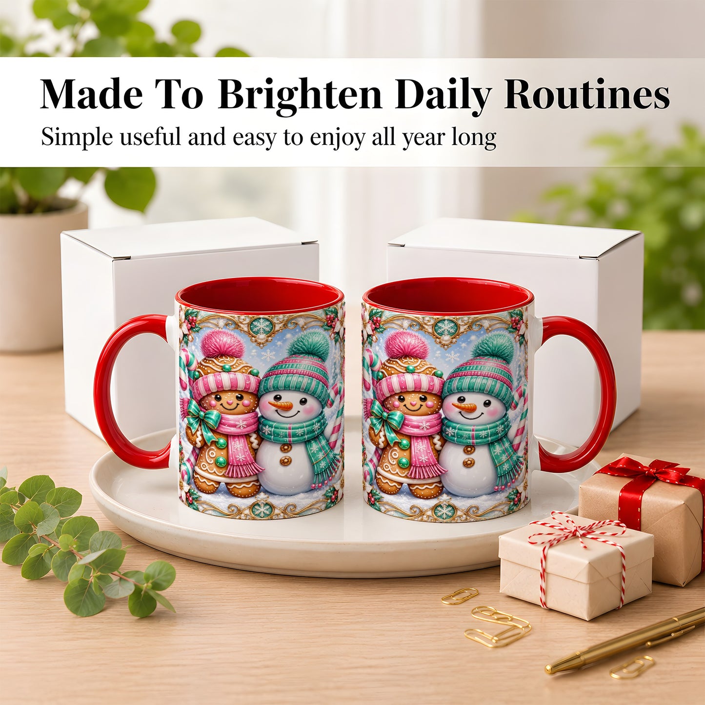 #pl[11oz|Red] Gingerbread Snowman Coffee Mug, Candy Cane Winter Mug, Ceramic Cup