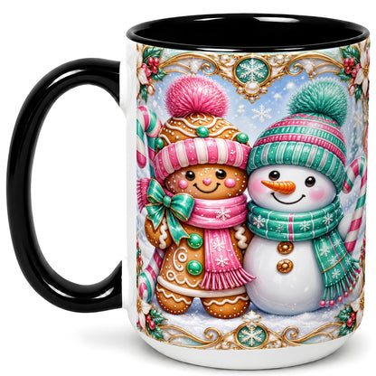 #pl[15oz|Black] Gingerbread Snowman Coffee Mug, Candy Cane Winter Mug, Ceramic Cup