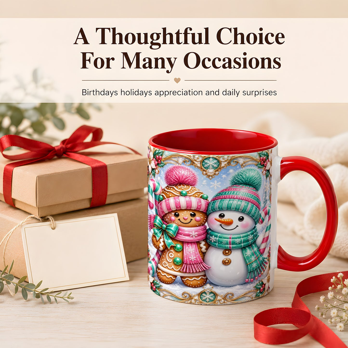 #pl[11oz|Red] Gingerbread Snowman Coffee Mug, Candy Cane Winter Mug, Ceramic Cup