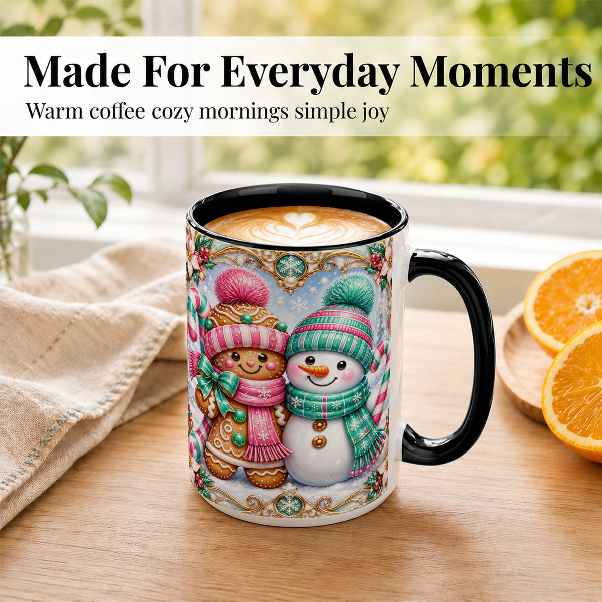 #pl[15oz|Black] Gingerbread Snowman Coffee Mug, Candy Cane Winter Mug, Ceramic Cup