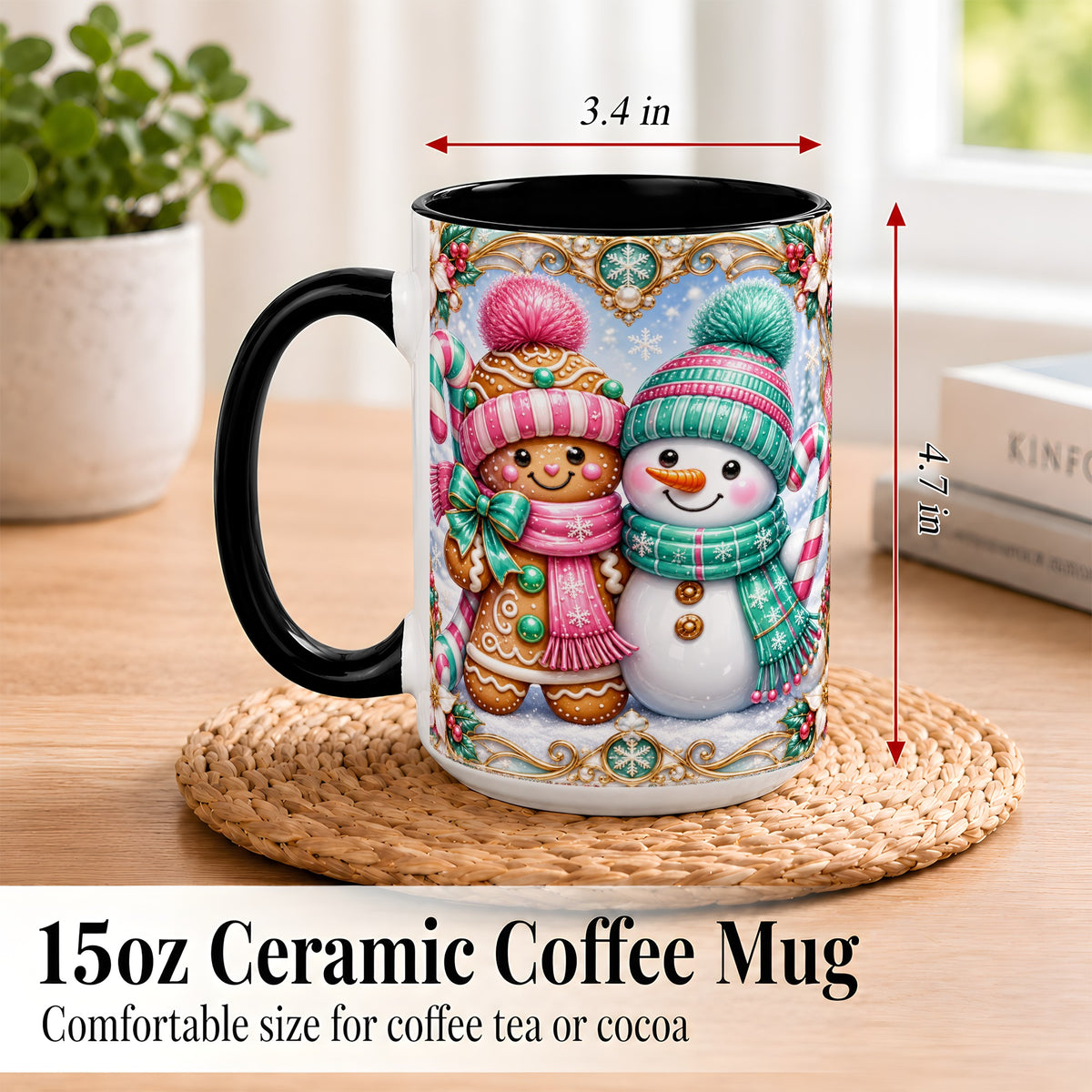 #pl[15oz|Black] Gingerbread Snowman Coffee Mug, Candy Cane Winter Mug, Ceramic Cup
