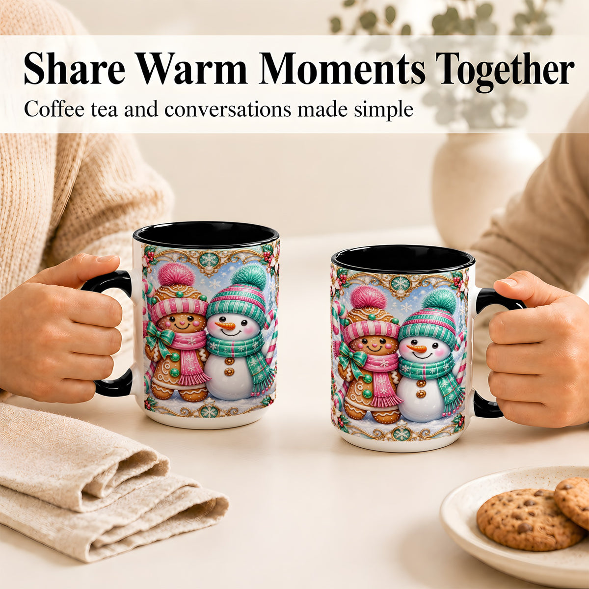 #pl[15oz|Black] Gingerbread Snowman Coffee Mug, Candy Cane Winter Mug, Ceramic Cup