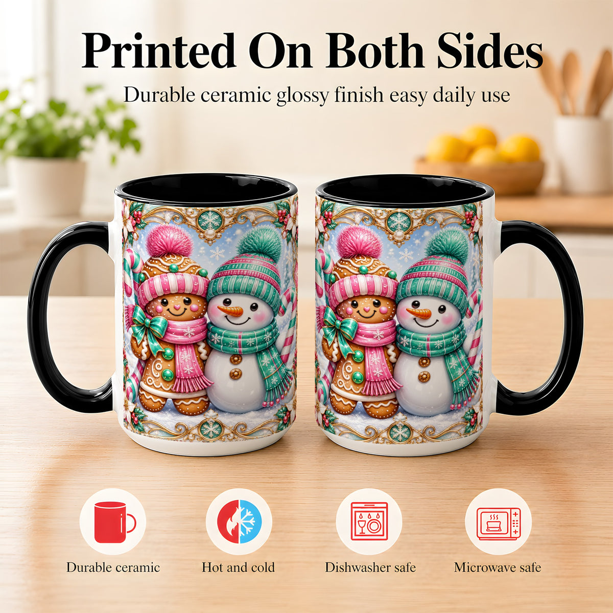 #pl[15oz|Black] Gingerbread Snowman Coffee Mug, Candy Cane Winter Mug, Ceramic Cup