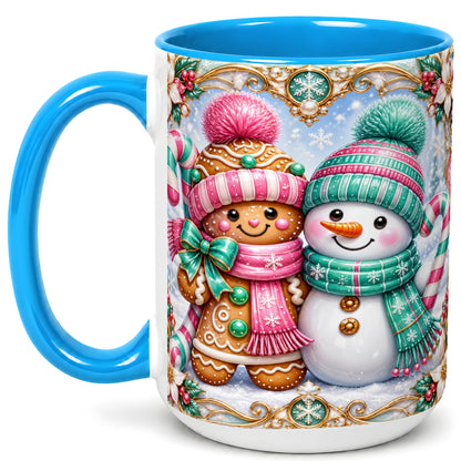 #pl[15oz|Blue] Gingerbread Snowman Coffee Mug, Candy Cane Winter Mug, Ceramic Cup