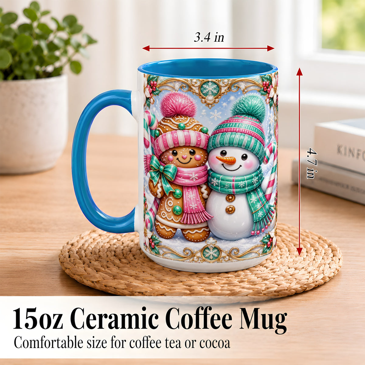 #pl[15oz|Blue] Gingerbread Snowman Coffee Mug, Candy Cane Winter Mug, Ceramic Cup