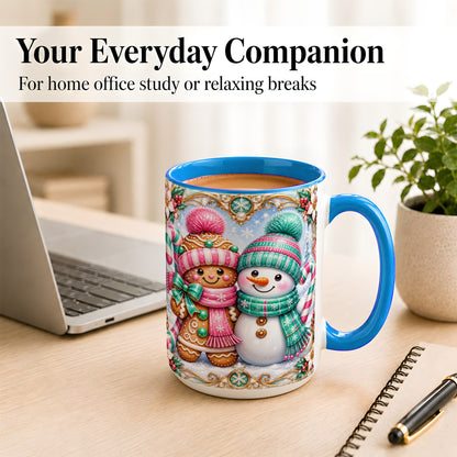 #pl[15oz|Blue] Gingerbread Snowman Coffee Mug, Candy Cane Winter Mug, Ceramic Cup