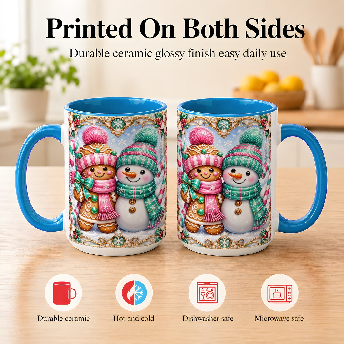 #pl[15oz|Blue] Gingerbread Snowman Coffee Mug, Candy Cane Winter Mug, Ceramic Cup