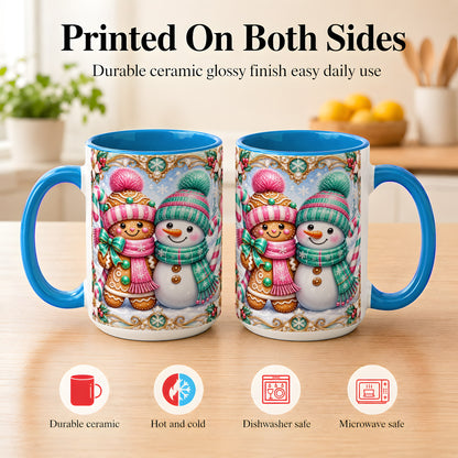 #pl[15oz|Blue] Gingerbread Snowman Coffee Mug, Candy Cane Winter Mug, Ceramic Cup