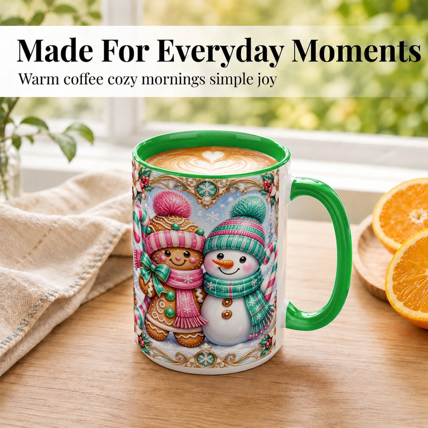 #pl[15oz|Green] Gingerbread Snowman Coffee Mug, Candy Cane Winter Mug, Ceramic Cup