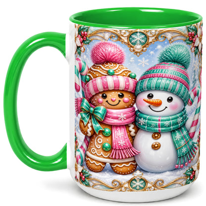 #pl[15oz|Green] Gingerbread Snowman Coffee Mug, Candy Cane Winter Mug, Ceramic Cup