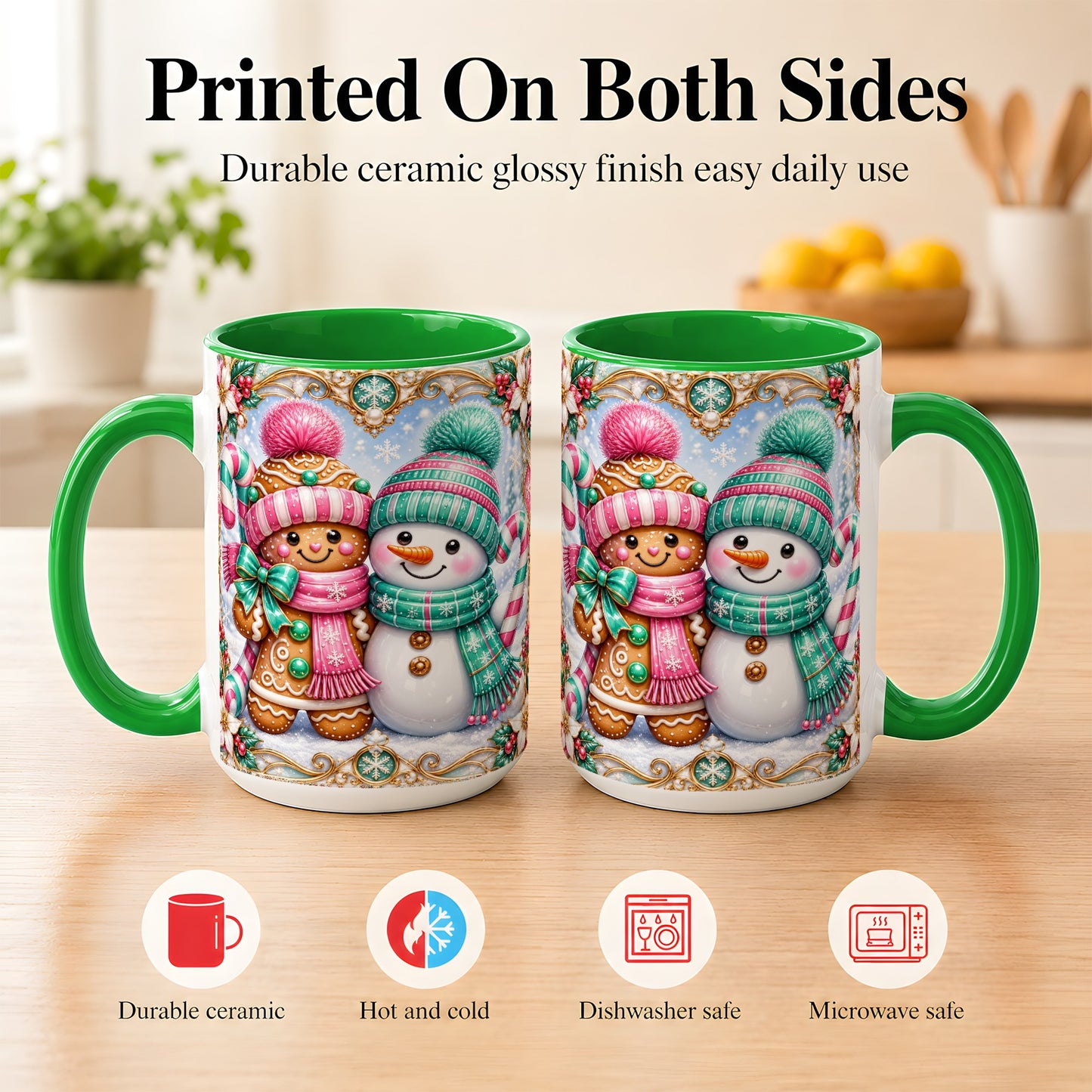 #pl[15oz|Green] Gingerbread Snowman Coffee Mug, Candy Cane Winter Mug, Ceramic Cup