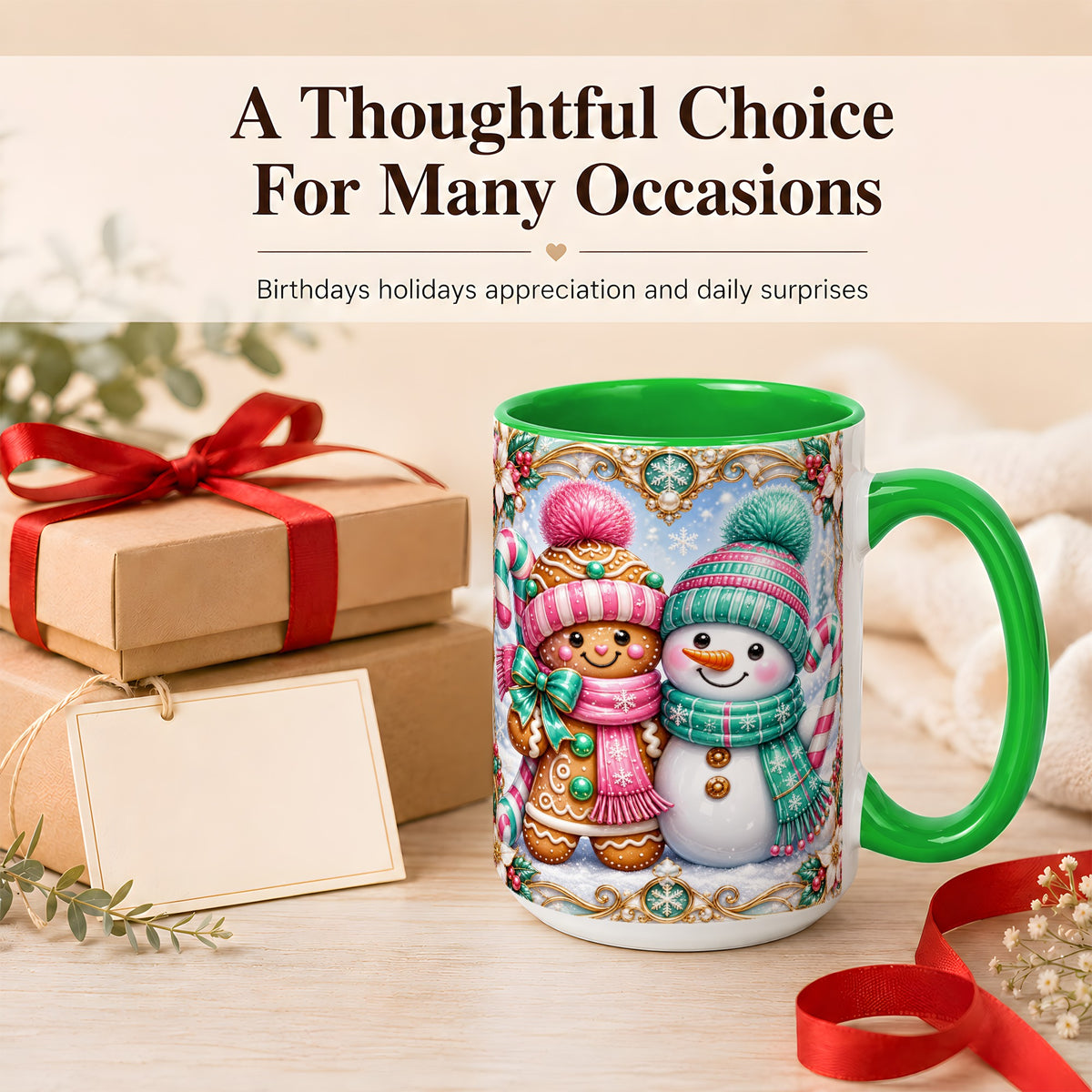 #pl[15oz|Green] Gingerbread Snowman Coffee Mug, Candy Cane Winter Mug, Ceramic Cup