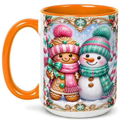 #pl[15oz|Orange] Gingerbread Snowman Coffee Mug, Candy Cane Winter Mug, Ceramic Cup