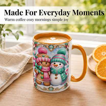 #pl[15oz|Orange] Gingerbread Snowman Coffee Mug, Candy Cane Winter Mug, Ceramic Cup
