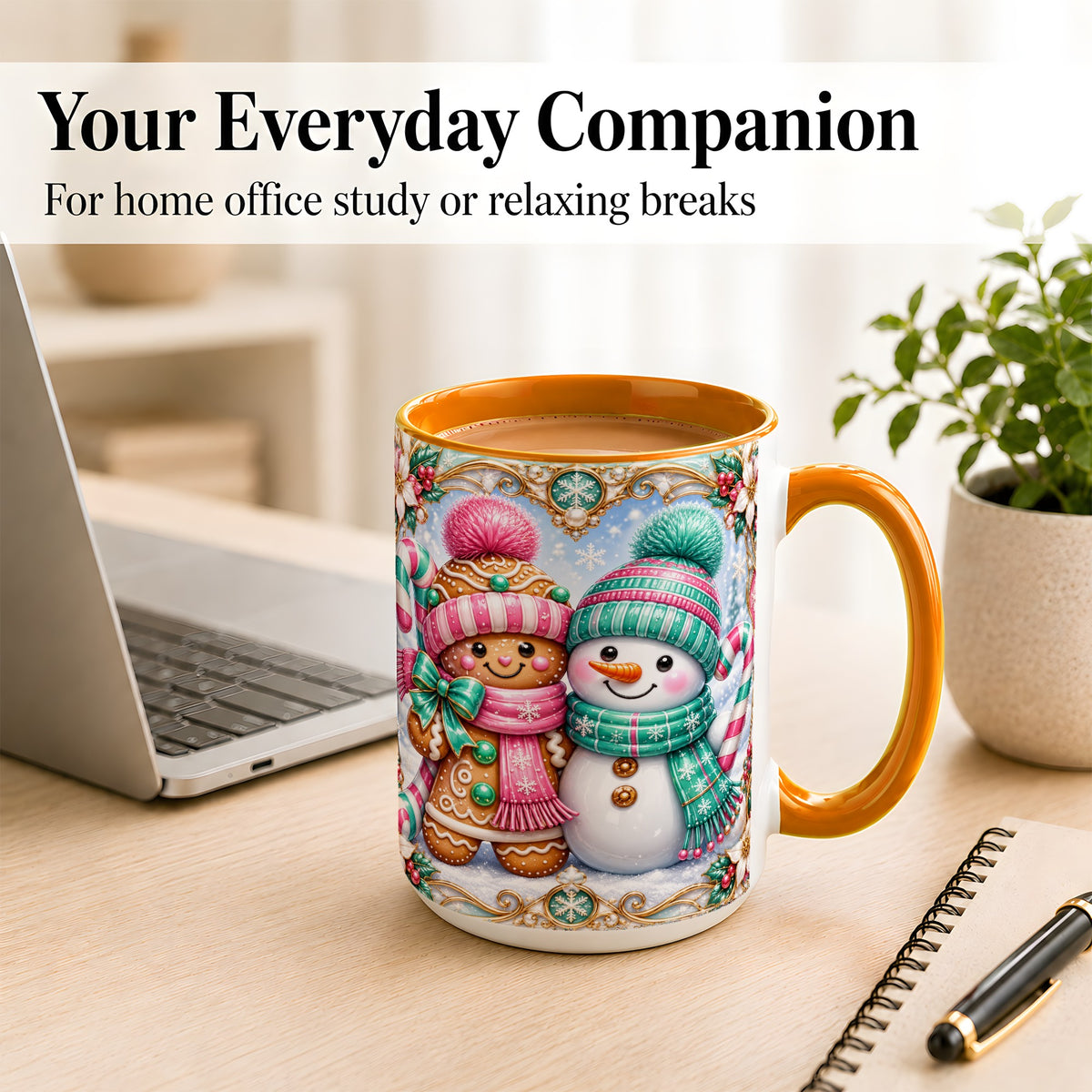 #pl[15oz|Orange] Gingerbread Snowman Coffee Mug, Candy Cane Winter Mug, Ceramic Cup