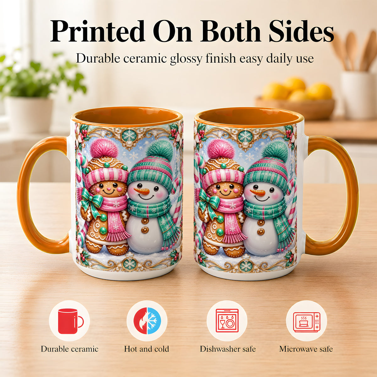 #pl[15oz|Orange] Gingerbread Snowman Coffee Mug, Candy Cane Winter Mug, Ceramic Cup