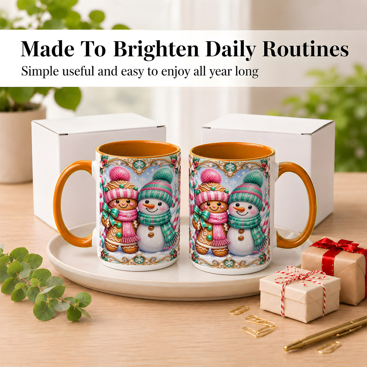 #pl[15oz|Orange] Gingerbread Snowman Coffee Mug, Candy Cane Winter Mug, Ceramic Cup