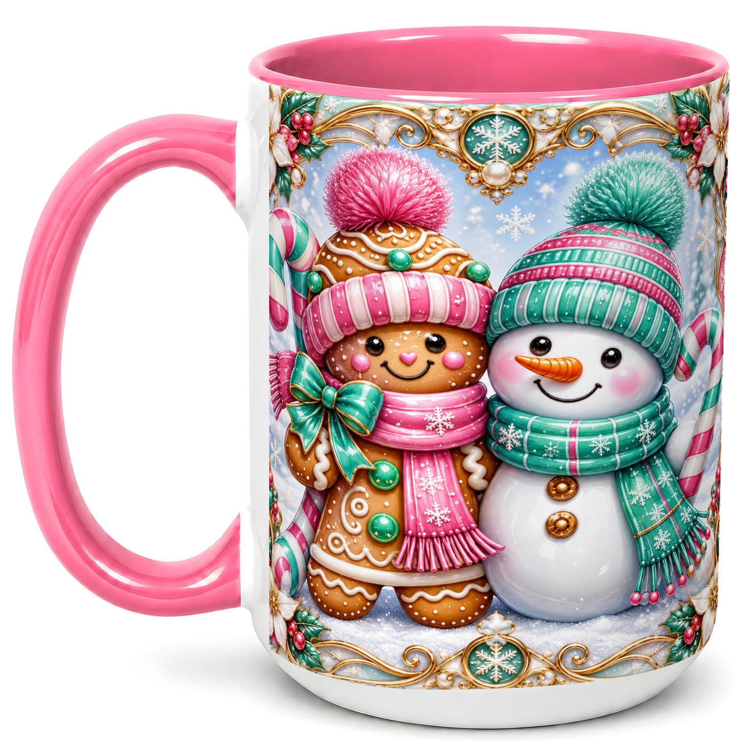 #pl[15oz|Pink] Gingerbread Snowman Coffee Mug, Candy Cane Winter Mug, Ceramic Cup