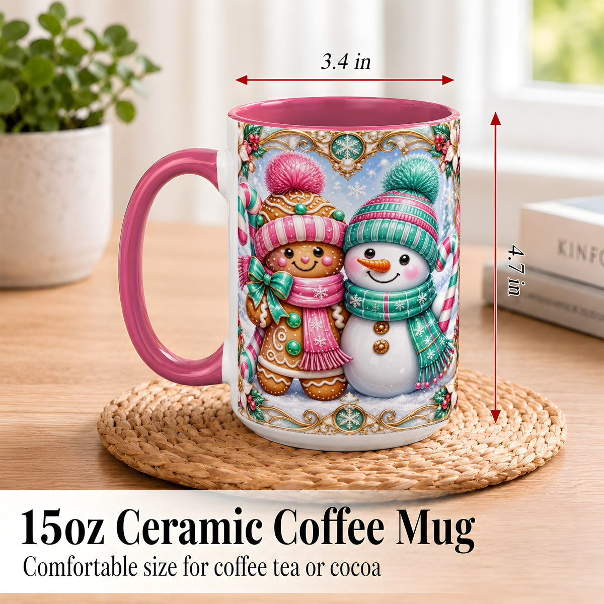 #pl[15oz|Pink] Gingerbread Snowman Coffee Mug, Candy Cane Winter Mug, Ceramic Cup