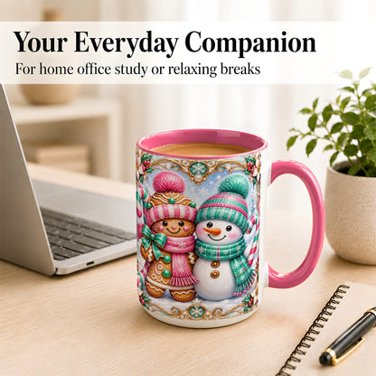 #pl[15oz|Pink] Gingerbread Snowman Coffee Mug, Candy Cane Winter Mug, Ceramic Cup