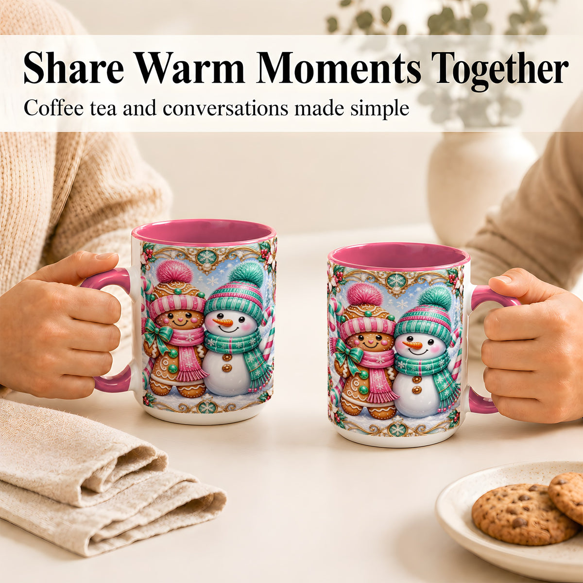 #pl[15oz|Pink] Gingerbread Snowman Coffee Mug, Candy Cane Winter Mug, Ceramic Cup