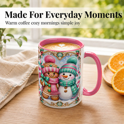 #pl[15oz|Pink] Gingerbread Snowman Coffee Mug, Candy Cane Winter Mug, Ceramic Cup