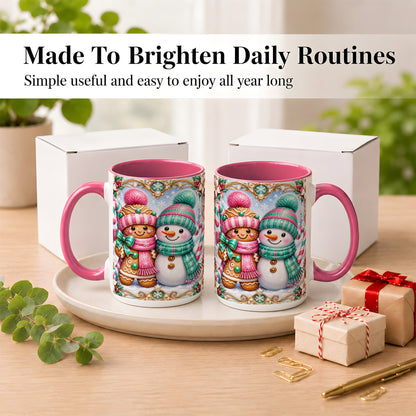 #pl[15oz|Pink] Gingerbread Snowman Coffee Mug, Candy Cane Winter Mug, Ceramic Cup