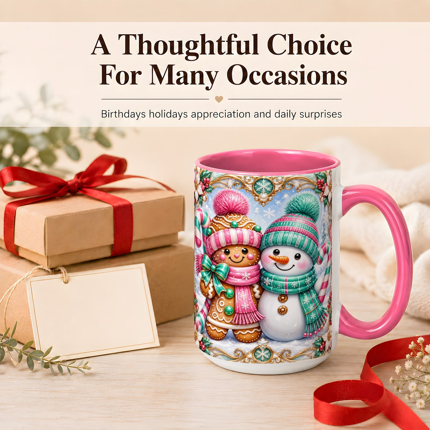 #pl[15oz|Pink] Gingerbread Snowman Coffee Mug, Candy Cane Winter Mug, Ceramic Cup