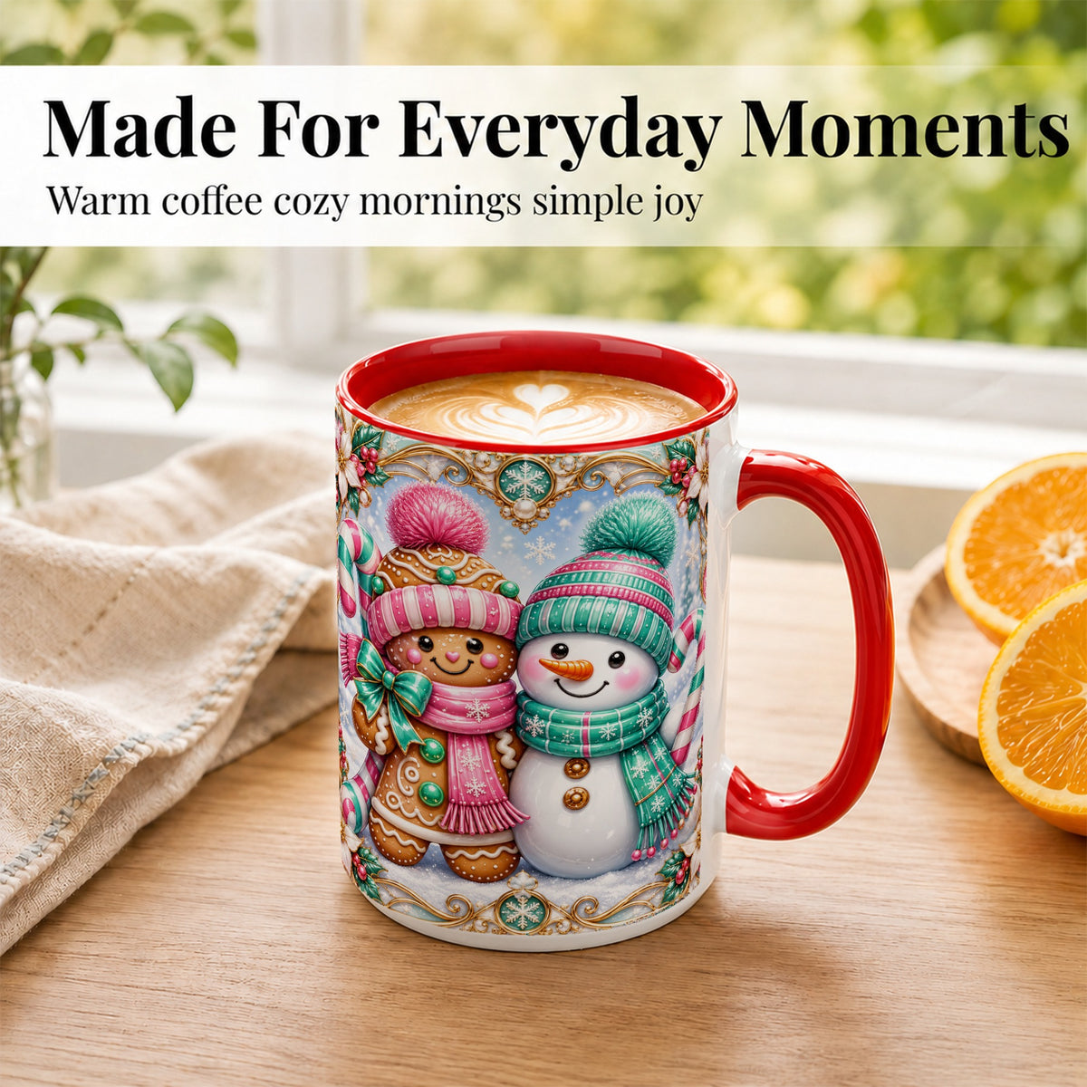 #pl[15oz|Red] Gingerbread Snowman Coffee Mug, Candy Cane Winter Mug, Ceramic Cup