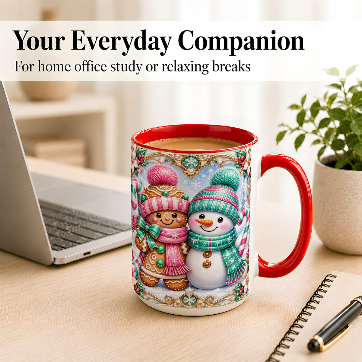 #pl[15oz|Red] Gingerbread Snowman Coffee Mug, Candy Cane Winter Mug, Ceramic Cup