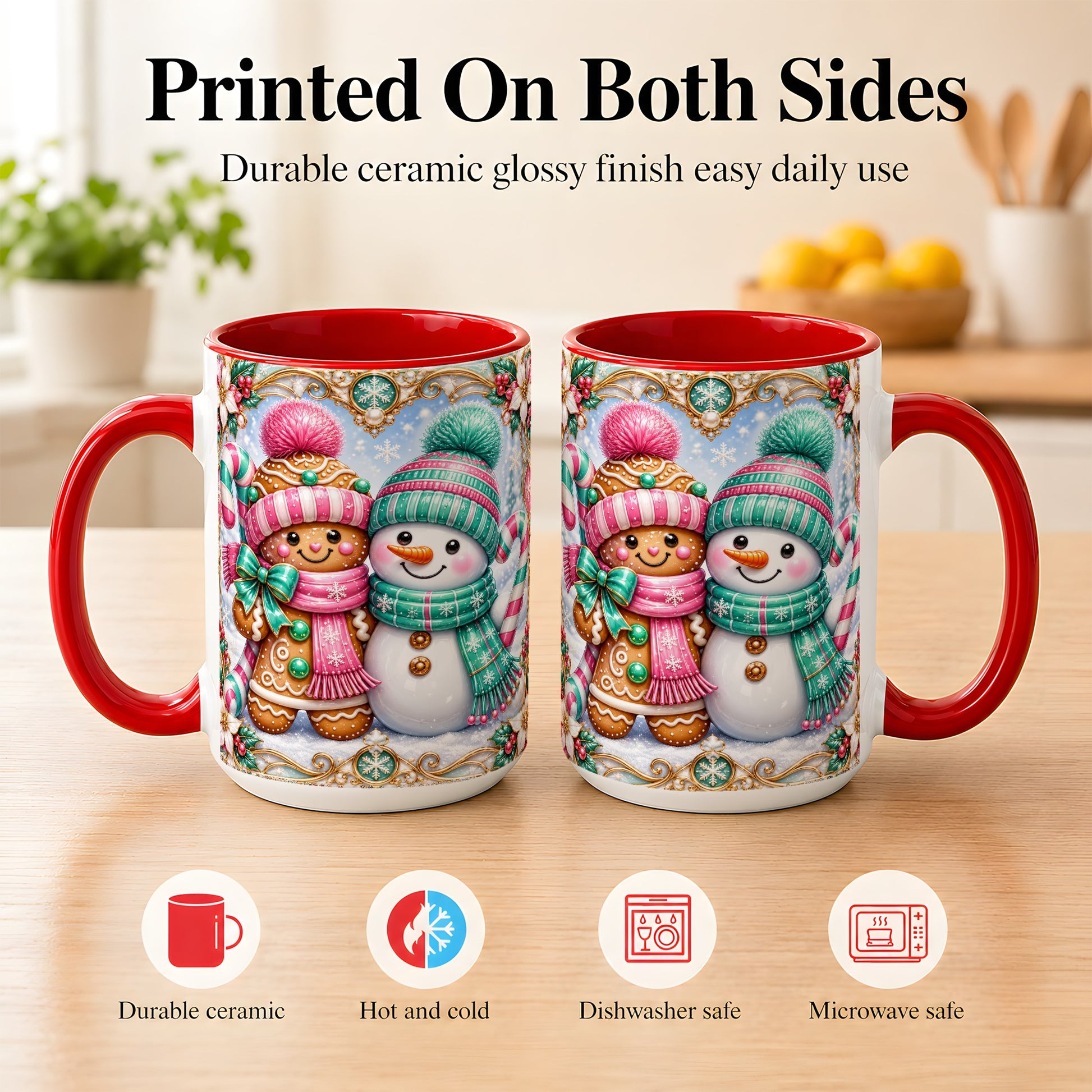 #pl[15oz|Red] Gingerbread Snowman Coffee Mug, Candy Cane Winter Mug, Ceramic Cup