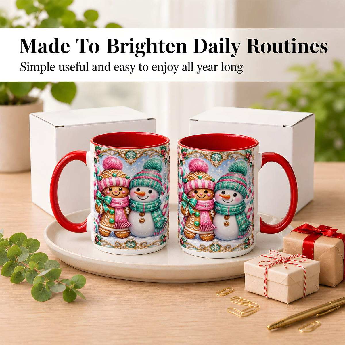#pl[15oz|Red] Gingerbread Snowman Coffee Mug, Candy Cane Winter Mug, Ceramic Cup
