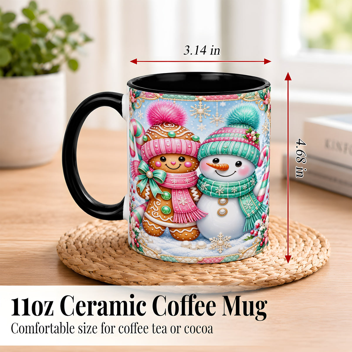 #pl[11oz|Black] Gingerbread Snowman Coffee Mug, Pastel Winter Mug, Ceramic Cup