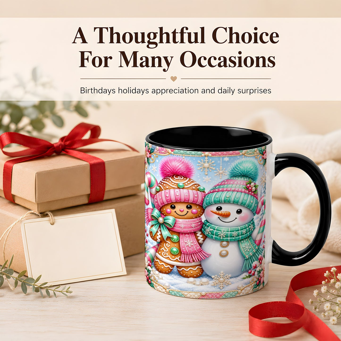 #pl[11oz|Black] Gingerbread Snowman Coffee Mug, Pastel Winter Mug, Ceramic Cup