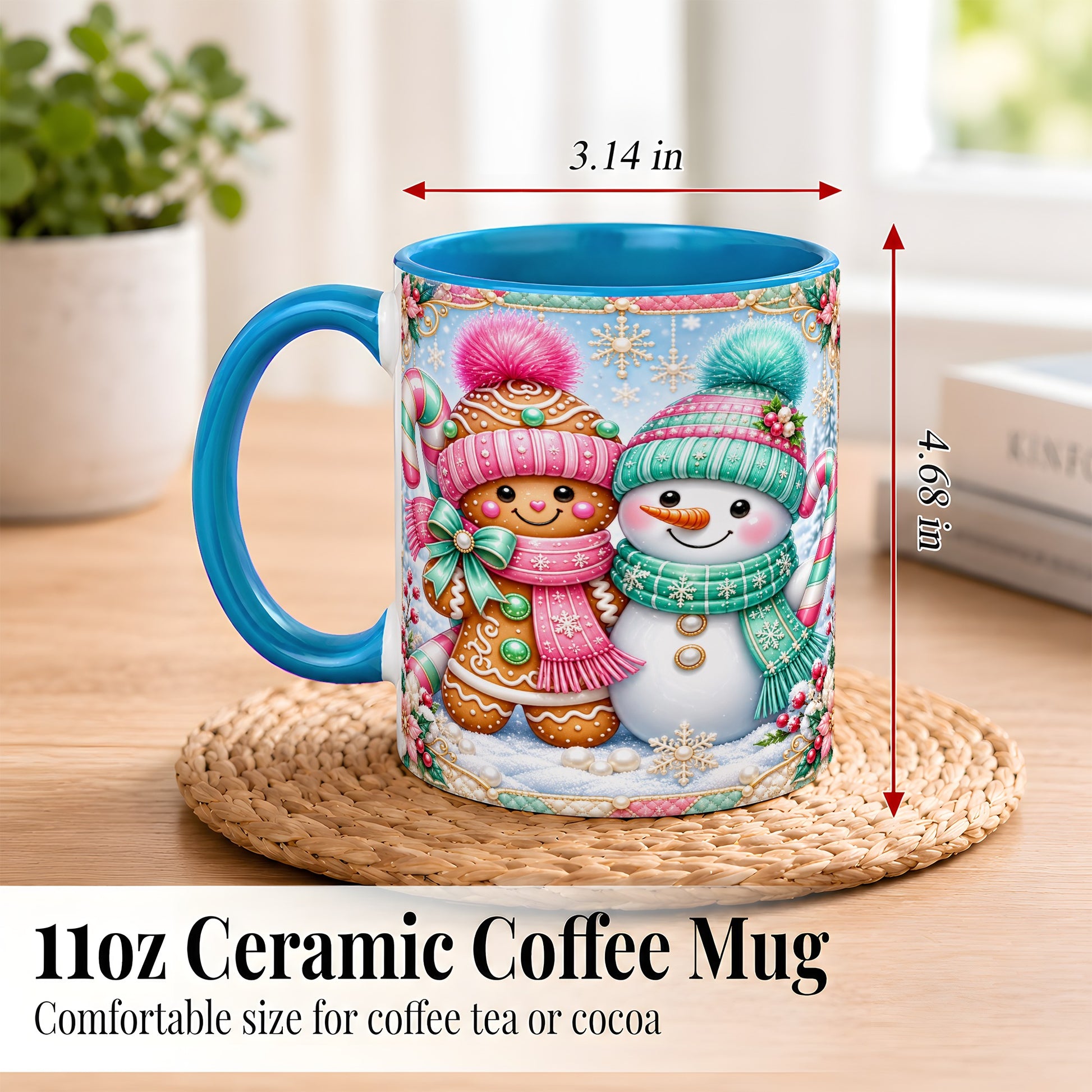 #pl[11oz|Blue] Gingerbread Snowman Coffee Mug, Pastel Winter Mug, Ceramic Cup