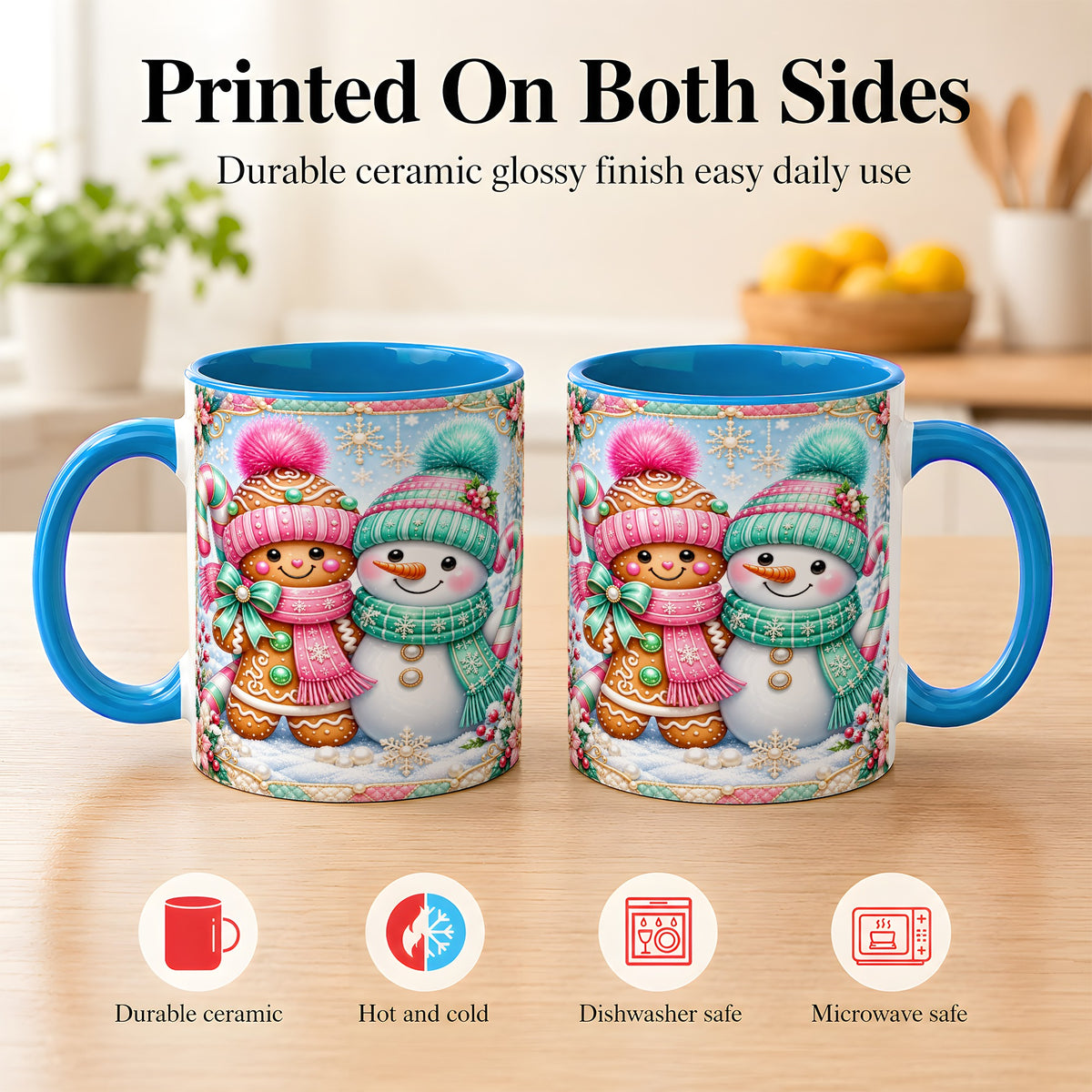 #pl[11oz|Blue] Gingerbread Snowman Coffee Mug, Pastel Winter Mug, Ceramic Cup