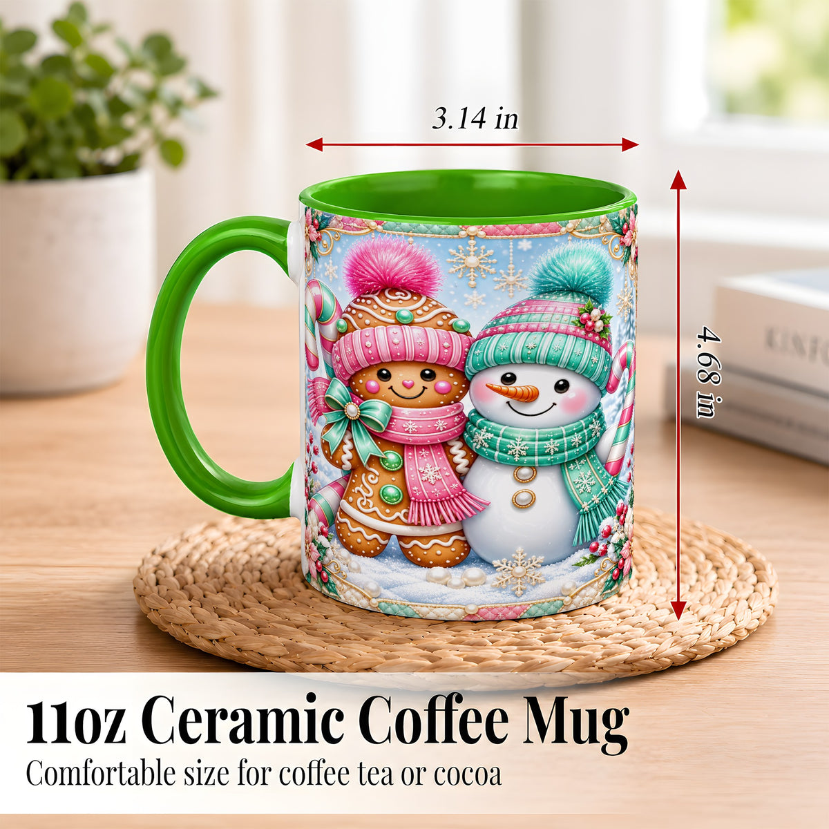 #pl[11oz|Green] Gingerbread Snowman Coffee Mug, Pastel Winter Mug, Ceramic Cup
