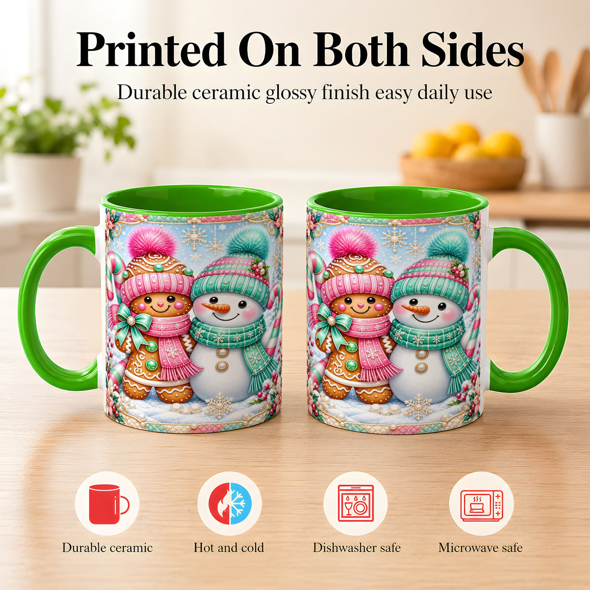 #pl[11oz|Green] Gingerbread Snowman Coffee Mug, Pastel Winter Mug, Ceramic Cup