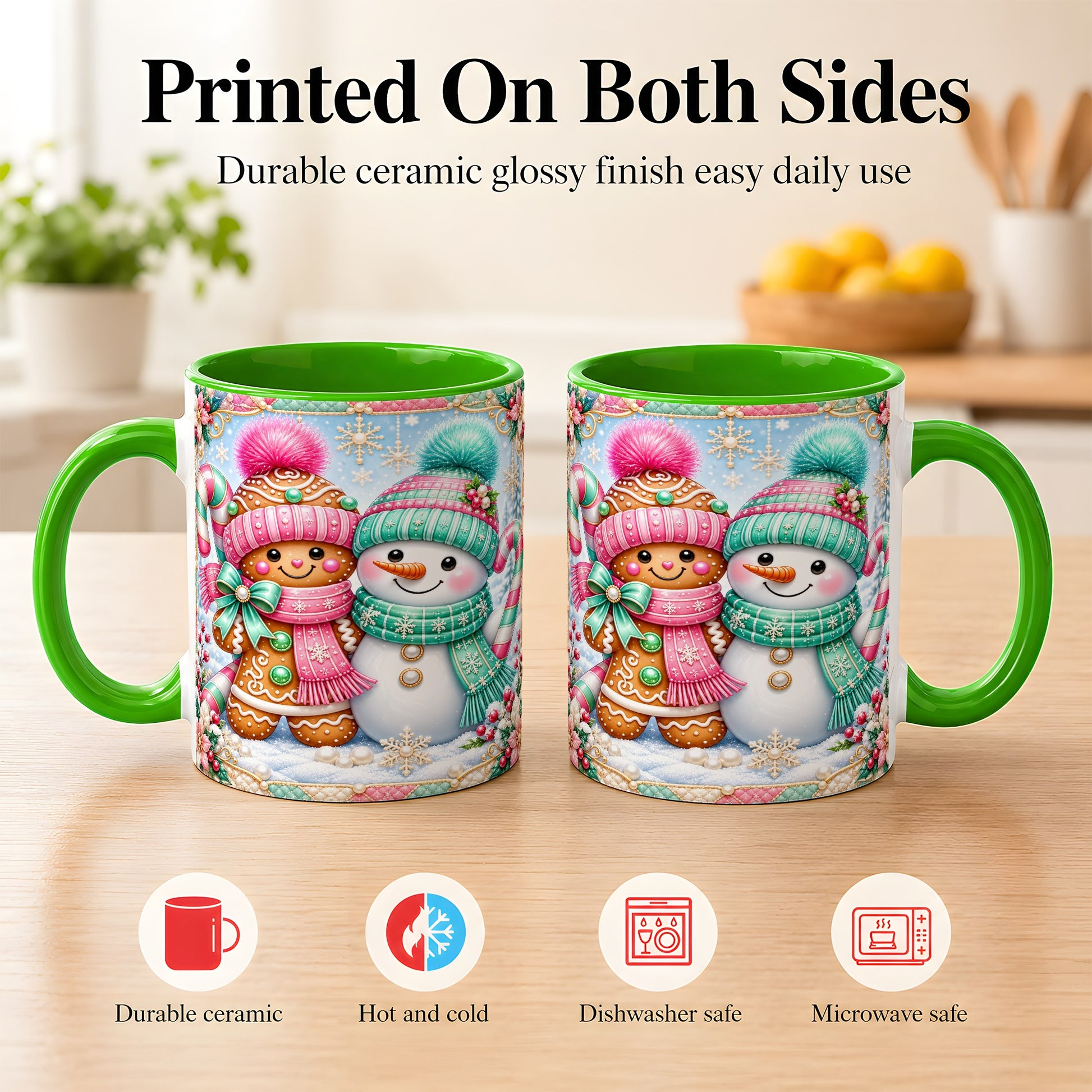 #pl[11oz|Green] Gingerbread Snowman Coffee Mug, Pastel Winter Mug, Ceramic Cup