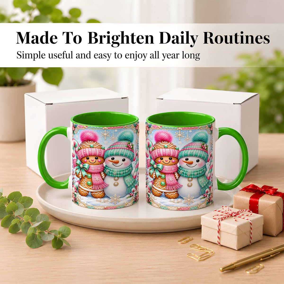 #pl[11oz|Green] Gingerbread Snowman Coffee Mug, Pastel Winter Mug, Ceramic Cup