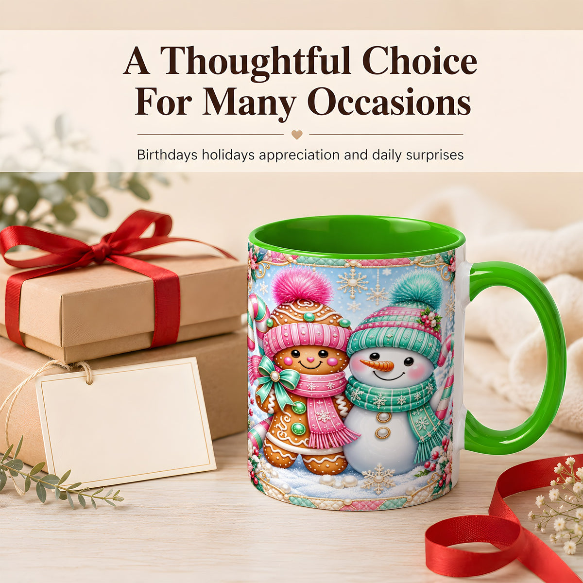 #pl[11oz|Green] Gingerbread Snowman Coffee Mug, Pastel Winter Mug, Ceramic Cup