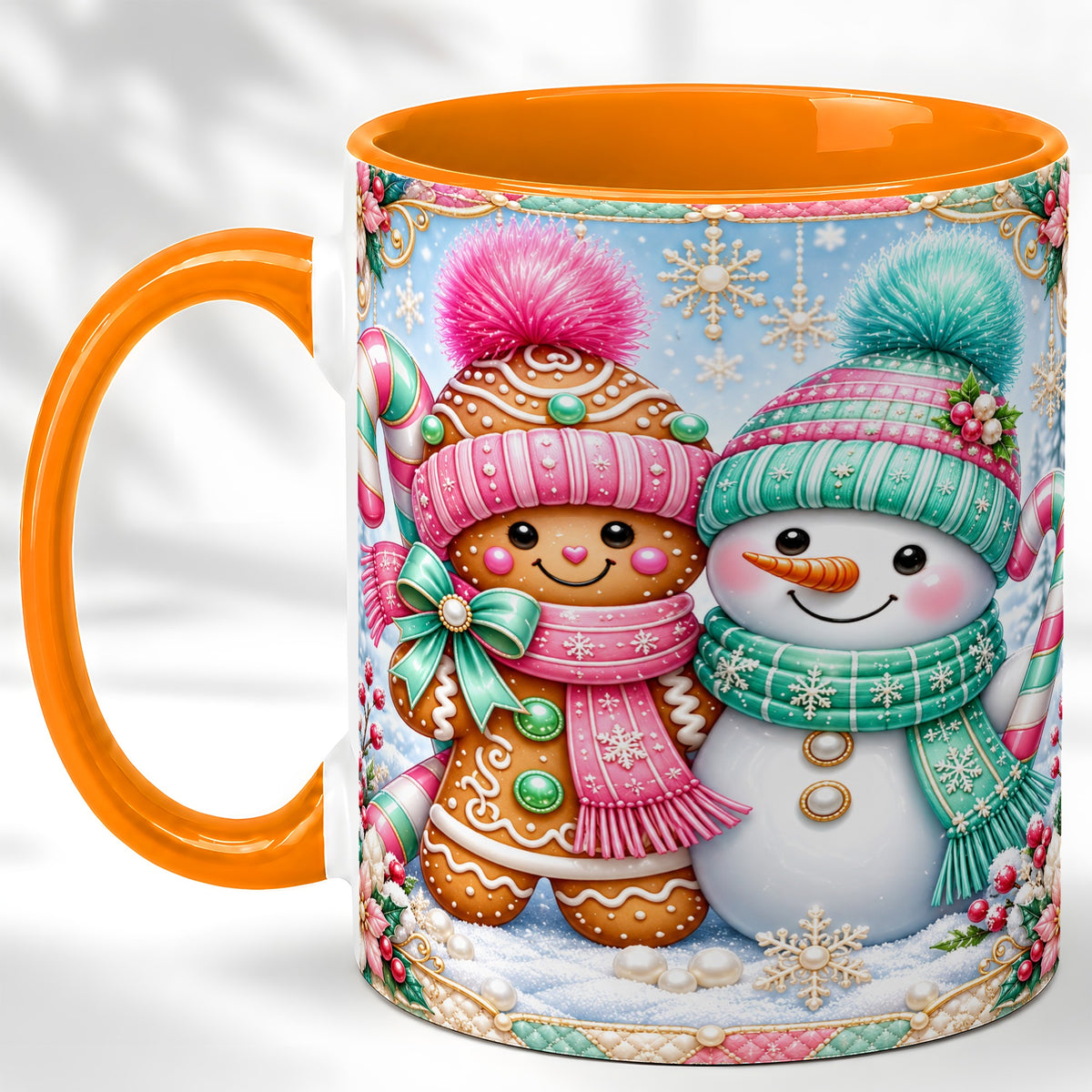 #pl[11oz|Orange] Gingerbread Snowman Coffee Mug, Pastel Winter Mug, Ceramic Cup
