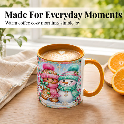 #pl[11oz|Orange] Gingerbread Snowman Coffee Mug, Pastel Winter Mug, Ceramic Cup