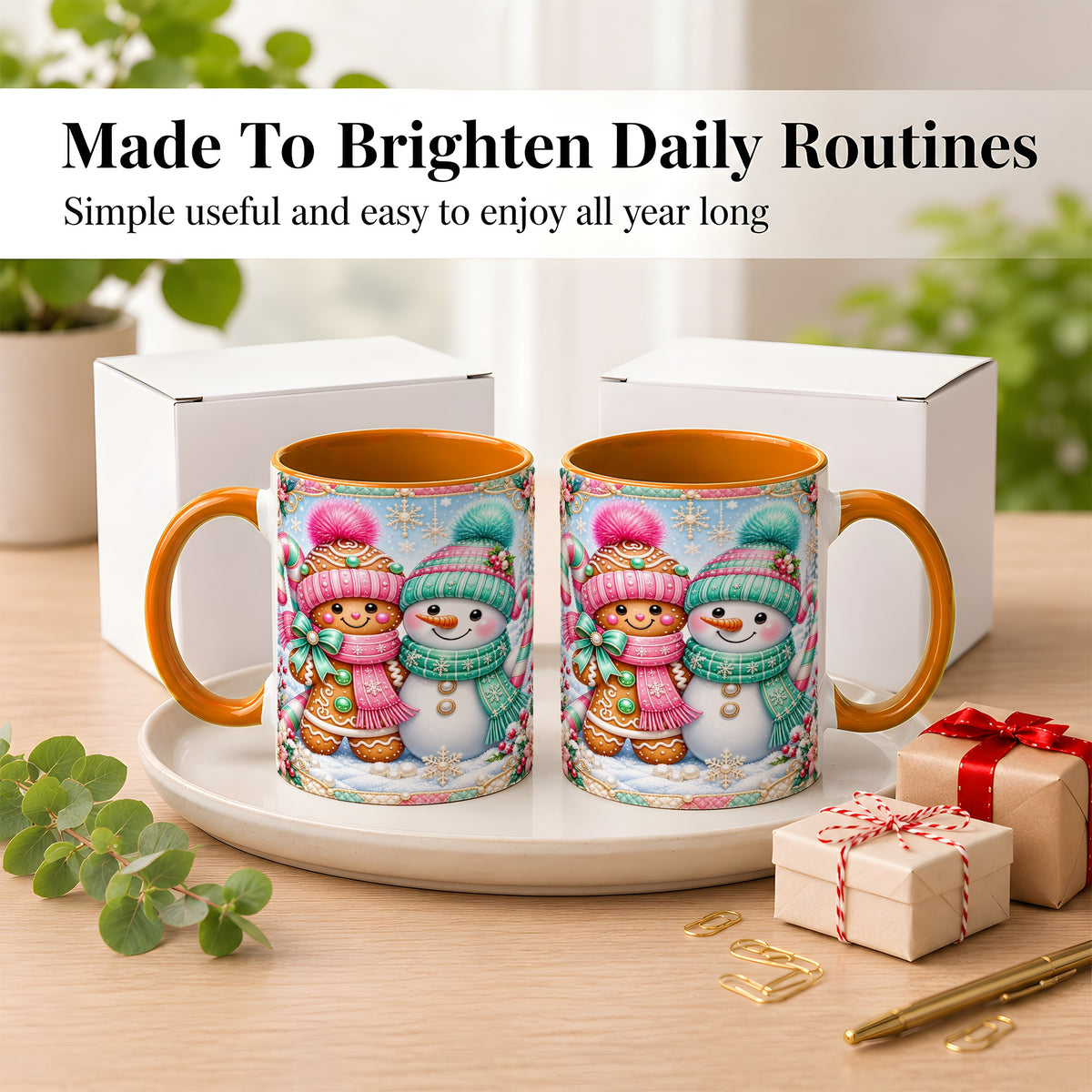 #pl[11oz|Orange] Gingerbread Snowman Coffee Mug, Pastel Winter Mug, Ceramic Cup