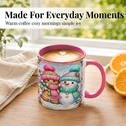#pl[11oz|Pink] Gingerbread Snowman Coffee Mug, Pastel Winter Mug, Ceramic Cup