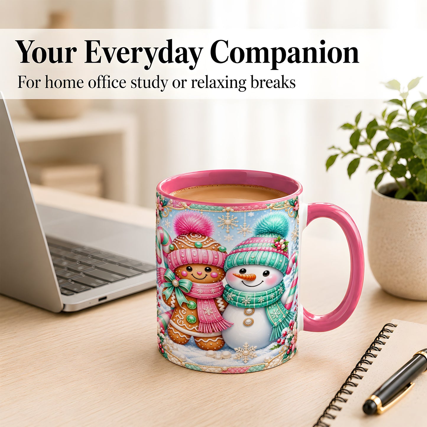 #pl[11oz|Pink] Gingerbread Snowman Coffee Mug, Pastel Winter Mug, Ceramic Cup