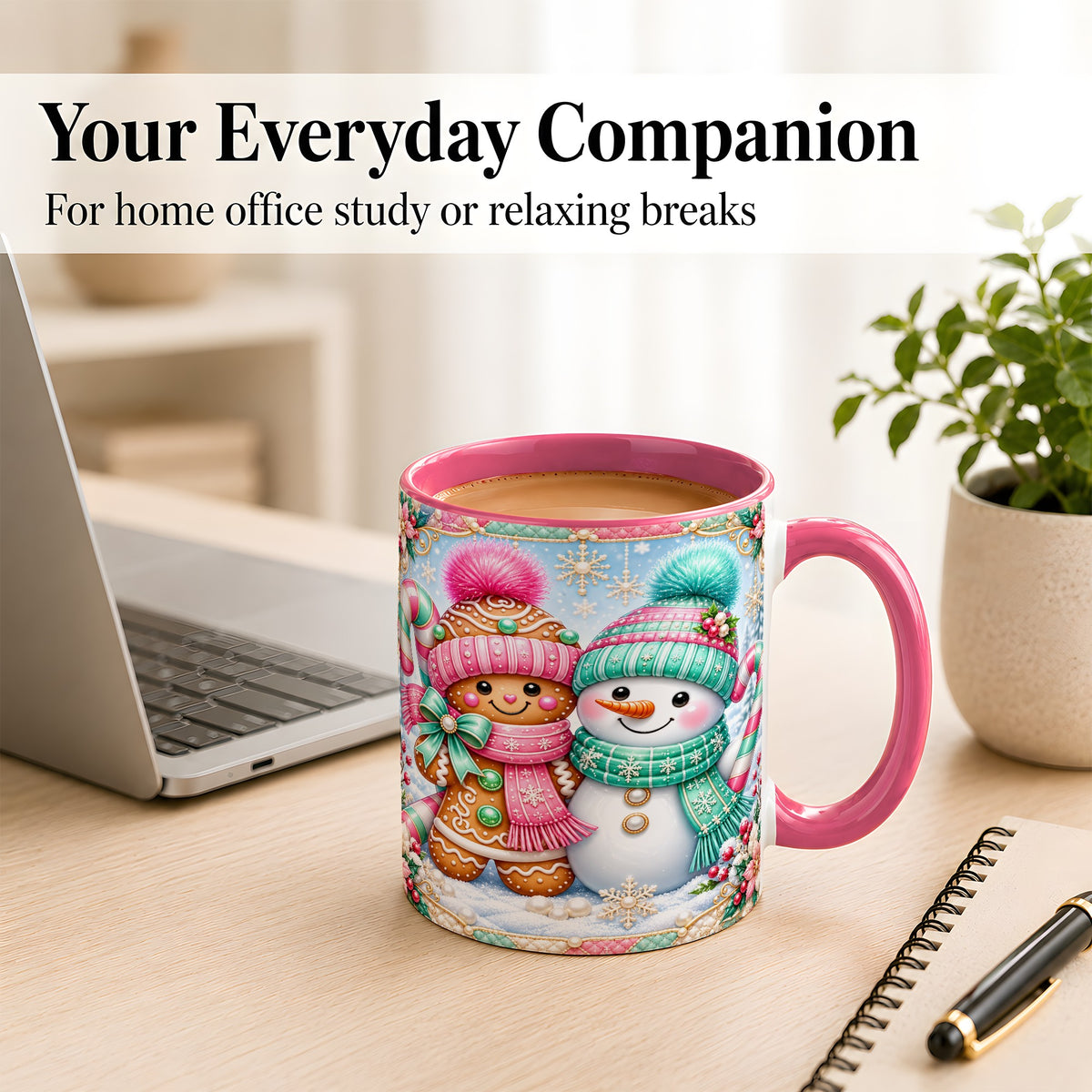 #pl[11oz|Pink] Gingerbread Snowman Coffee Mug, Pastel Winter Mug, Ceramic Cup
